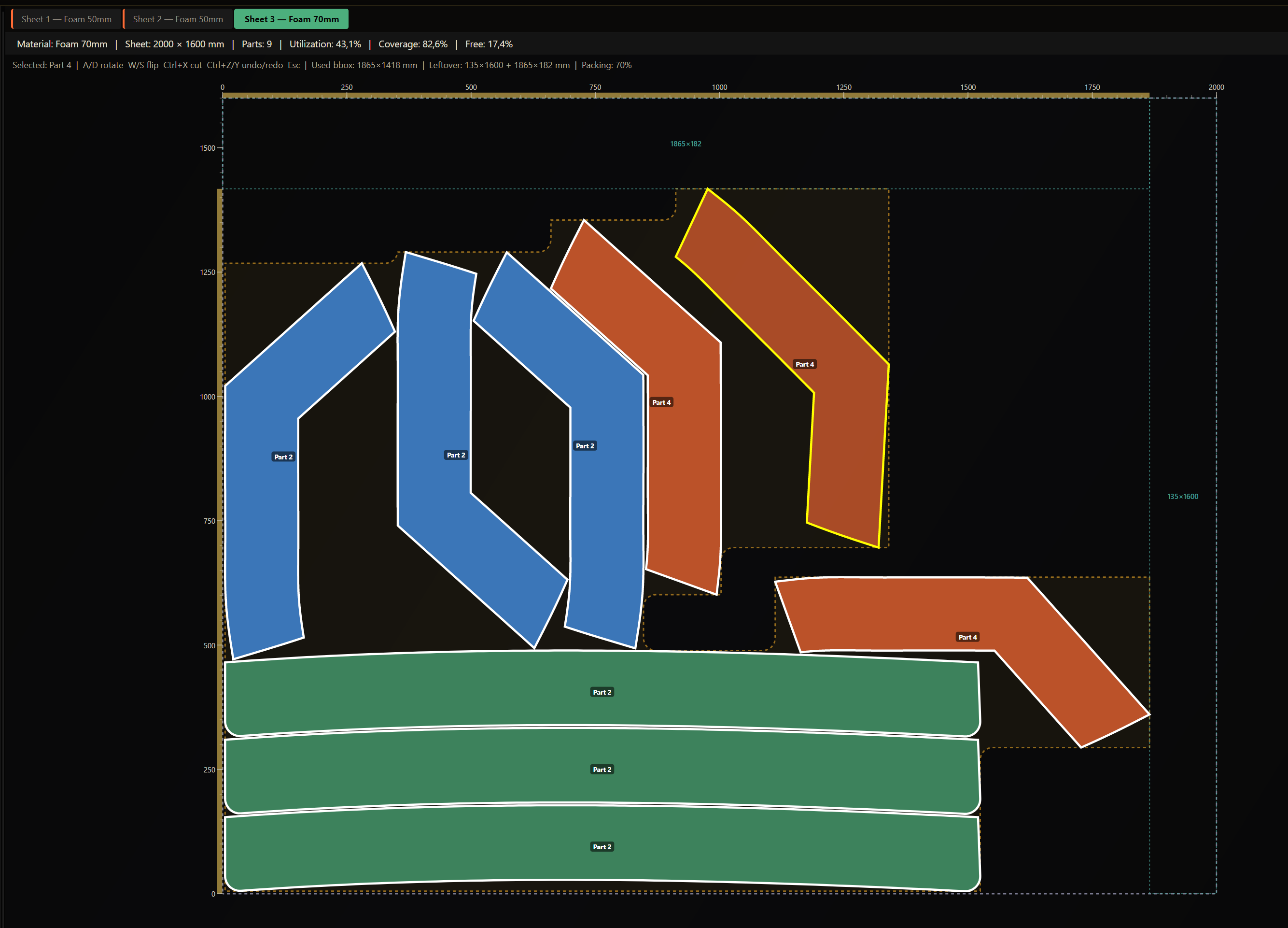 Manual editing of a nested sheet — one part selected with a yellow outline, repositioned after the auto-nest