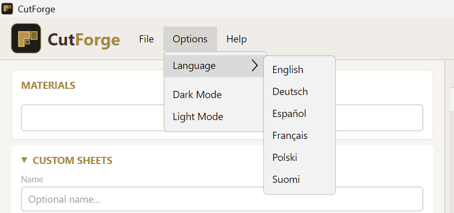 Options menu showing Language submenu with English, Deutsch, Español, Français, Polski, Suomi plus Dark Mode and Light Mode entries